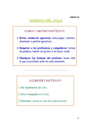 52
ANEXO 7A
NORMAS DEL AULA
¡¡¡¡IMPORTANTES!!!!!
1. No levantarse del sitio.
2. Estar tranquilo en la silla.
3. Escuchar cuando se dan las explicaciones.
¡¡¡¡MUY IMPORTANTES!!!!!
1. Evitar conductas agresivas como pegar, insultar,
amenazar o gestos agresivos.
2. Respetar a los profesores y compañeros: turnos
de palabra, hablar sin gritar y no hacer ruido.
3. Obedecer las órdenes del profesor: hacer sólo
lo que el profesor pide en cada momento.
 