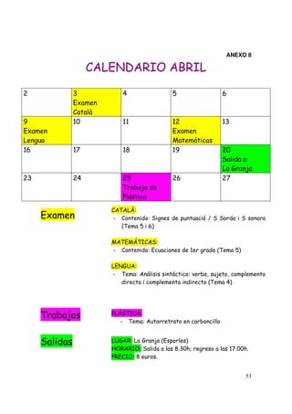 53
ANEXO 8
CALENDARIO ABRIL
2 3
Examen
Català
4 5 6
9
Examen
Lengua
10 11 12
Examen
Matemáticas
13
16 17 18 19 20
Salida a
La Granja
23 24 25
Trabajo de
Plástica
26 27
Examen
Trabajos
Salidas
CATALÀ:
- Contenido: Signes de puntuació / S Sorda i S sonora
(Tema 5 i 6)
MATEMÁTICAS:
- Contenido: Ecuaciones de 1er grado (Tema 5)
LENGUA:
- Tema: Análisis sintáctico: verbo, sujeto, complemento
directo i complemento indirecto (Tema 4)
PLÁSTICA:
- Tema: Autorretrato en carboncillo
LUGAR: La Granja (Esporles)
HORARIO: Salida a las 8.30h; regreso a las 17.00h.
PRECIO: 8 euros.
 