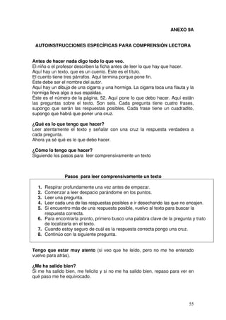 55
ANEXO 9A
AUTOINSTRUCCIONES ESPECÍFICAS PARA COMPRENSIÓN LECTORA
Antes de hacer nada digo todo lo que veo.
El niño o el profesor describen la ficha antes de leer lo que hay que hacer.
Aquí hay un texto, que es un cuento. Este es el título.
El cuento tiene tres párrafos. Aquí termina porque pone fin.
Éste debe ser el nombre del autor.
Aquí hay un dibujo de una cigarra y una hormiga. La cigarra toca una flauta y la
hormiga lleva algo a sus espaldas.
Éste es el número de la página, 52. Aquí pone lo que debo hacer. Aquí están
las preguntas sobre el texto. Son seis. Cada pregunta tiene cuatro frases,
supongo que serán las respuestas posibles. Cada frase tiene un cuadradito,
supongo que habrá que poner una cruz.
¿Qué es lo que tengo que hacer?
Leer atentamente el texto y señalar con una cruz la respuesta verdadera a
cada pregunta.
Ahora ya sé qué es lo que debo hacer.
¿Cómo lo tengo que hacer?
Siguiendo los pasos para leer comprensivamente un texto
Pasos para leer comprensivamente un texto
1. Respirar profundamente una vez antes de empezar.
2. Comenzar a leer despacio parándome en los puntos.
3. Leer una pregunta.
4. Leer cada una de las respuestas posibles e ir desechando las que no encajen.
5. Si encuentro más de una respuesta posible, vuelvo al texto para buscar la
respuesta correcta.
6. Para encontrarla pronto, primero busco una palabra clave de la pregunta y trato
de localizarla en el texto.
7. Cuando estoy seguro de cuál es la respuesta correcta pongo una cruz.
8. Continúo con la siguiente pregunta.
Tengo que estar muy atento (si veo que he leído, pero no me he enterado
vuelvo para atrás).
¿Me ha salido bien?
Si me ha salido bien, me felicito y si no me ha salido bien, repaso para ver en
qué paso me he equivocado.
 