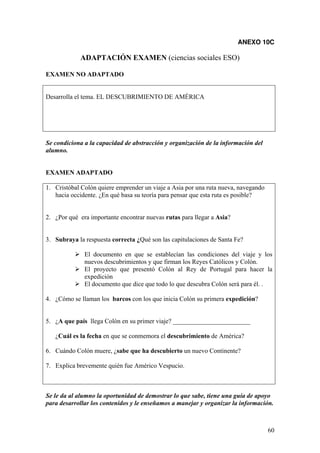60
ANEXO 10C
ADAPTACIÓN EXAMEN (ciencias sociales ESO)
EXAMEN NO ADAPTADO
Desarrolla el tema. EL DESCUBRIMIENTO DE AMÉRICA
Se condiciona a la capacidad de abstracción y organización de la información del
alumno.
EXAMEN ADAPTADO
1. Cristóbal Colón quiere emprender un viaje a Asia por una ruta nueva, navegando
hacia occidente. ¿En qué basa su teoría para pensar que esta ruta es posible?
2. ¿Por qué era importante encontrar nuevas rutas para llegar a Asia?
3. Subraya la respuesta correcta ¿Qué son las capitulaciones de Santa Fe?
¾ El documento en que se establecían las condiciones del viaje y los
nuevos descubrimientos y que firman los Reyes Católicos y Colón.
¾ El proyecto que presentó Colón al Rey de Portugal para hacer la
expedición
¾ El documento que dice que todo lo que descubra Colón será para él. .
4. ¿Cómo se llaman los barcos con los que inicia Colón su primera expedición?
5. ¿A que país llega Colón en su primer viaje? ________________________
¿Cuál es la fecha en que se conmemora el descubrimiento de América?
6. Cuándo Colón muere, ¿sabe que ha descubierto un nuevo Continente?
7. Explica brevemente quién fue Américo Vespucio.
Se le da al alumno la oportunidad de demostrar lo que sabe, tiene una guía de apoyo
para desarrollar los contenidos y le enseñamos a manejar y organizar la información.
 