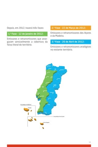 Depois, em 2012, haverá três fases:      2.ª fase - 22 de Março de 2012:

 1.ª fase - 12 de Janeiro de 2012:      Emissores e retransmissores dos Açores
                                        e da Madeira.
Emissores e retransmissores que asse-
guram sensivelmente a cobertura da       3.ª fase - 26 de Abril de 2012:
faixa litoral do território.
                                        Emissores e retransmissores analógicos
                                        no restante território.




                                                                           11
 