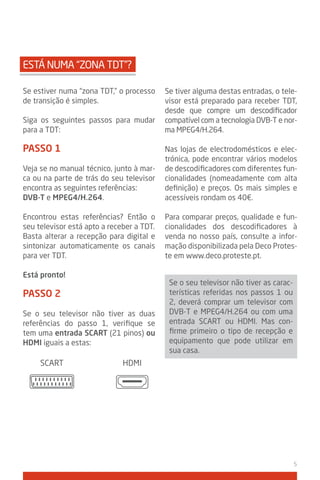 ESTá NUMA “zONA TDT”?

Se estiver numa “zona TDT,” o processo     Se tiver alguma destas entradas, o tele-
de transição é simples.                    visor está preparado para receber TDT,
                                           desde que compre um descodificador
Siga os seguintes passos para mudar        compatível com a tecnologia DVB-T e nor-
para a TDT:                                ma MPEG4/H.264.

PASSo 1                                    Nas lojas de electrodomésticos e elec-
                                           trónica, pode encontrar vários modelos
Veja se no manual técnico, junto à mar-    de descodificadores com diferentes fun-
ca ou na parte de trás do seu televisor    cionalidades (nomeadamente com alta
encontra as seguintes referências:         definição) e preços. Os mais simples e
dvb-t e MPEg4/H.264.                       acessíveis rondam os 40€.

Encontrou estas referências? Então o       Para comparar preços, qualidade e fun-
seu televisor está apto a receber a TDT.   cionalidades dos descodificadores à
Basta alterar a recepção para digital e    venda no nosso país, consulte a infor-
sintonizar automaticamente os canais       mação disponibilizada pela Deco Protes-
para ver TDT.                              te em www.deco.proteste.pt.

Está pronto!
                                            Se o seu televisor não tiver as carac-
PASSo 2                                     terísticas referidas nos passos 1 ou
                                            2, deverá comprar um televisor com
Se o seu televisor não tiver as duas        DVB-T e MPEG4/H.264 ou com uma
referências do passo 1, verifique se        entrada SCART ou HDMI. Mas con-
tem uma entrada SCARt (21 pinos) ou         firme primeiro o tipo de recepção e
HdMi iguais a estas:                        equipamento que pode utilizar em
                                            sua casa.
     SCART                    HDMI




                                                                                     5
 