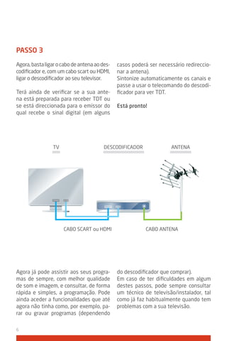 PASSo 3

Agora, basta ligar o cabo de antena ao des-   casos poderá ser necessário redireccio-
codificador e, com um cabo scart ou HDMI,     nar a antena).
ligar o descodificador ao seu televisor.      Sintonize automaticamente os canais e
                                              passe a usar o telecomando do descodi-
Terá ainda de verificar se a sua ante-        ficador para ver TDT.
na está preparada para receber TDT ou
se está direccionada para o emissor do        Está pronto!
qual recebe o sinal digital (em alguns




                TV                      DESCODIFICADOR              ANTENA




                     CABO SCART ou HDMI                  CABO ANTENA




Agora já pode assistir aos seus progra-       do descodificador que comprar).
mas de sempre, com melhor qualidade           Em caso de ter dificuldades em algum
de som e imagem, e consultar, de forma        destes passos, pode sempre consultar
rápida e simples, a programação. Pode         um técnico de televisão/instalador, tal
ainda aceder a funcionalidades que até        como já faz habitualmente quando tem
agora não tinha como, por exemplo, pa-        problemas com a sua televisão.
rar ou gravar programas (dependendo

6
 