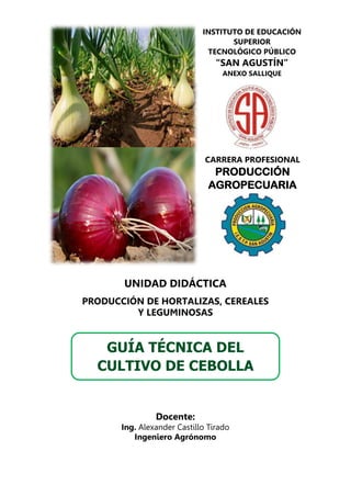 UNIDAD DIDÁCTICA
PRODUCCIÓN DE HORTALIZAS, CEREALES
Y LEGUMINOSAS
Docente:
Ing. Alexander Castillo Tirado
Ingeniero Agrónomo
INSTITUTO DE EDUCACIÓN
SUPERIOR
TECNOLÓGICO PÚBLICO
“SAN AGUSTÍN”
ANEXO SALLIQUE
CARRERA PROFESIONAL
PRODUCCIÓN
AGROPECUARIA
GUÍA TÉCNICA DEL
CULTIVO DE CEBOLLA
 