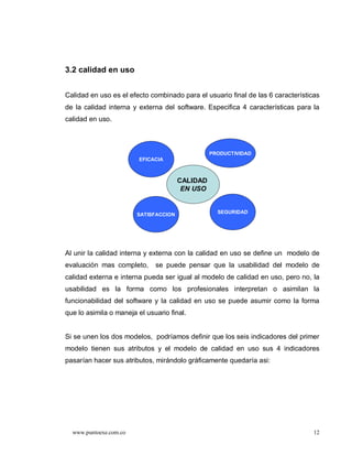 3.2 calidad en uso


Calidad en uso es el efecto combinado para el usuario final de las 6 características
de la calidad interna y externa del software. Especifica 4 características para la
calidad en uso.



                                                 PRODUCTIVIDAD
                         EFICACIA



                                       CALIDAD
                                        EN USO


                        SATISFACCION               SEGURIDAD




Al unir la calidad interna y externa con la calidad en uso se define un modelo de
evaluación mas completo,      se puede pensar que la usabilidad del modelo de
calidad externa e interna pueda ser igual al modelo de calidad en uso, pero no, la
usabilidad es la forma como los profesionales interpretan o asimilan la
funcionabilidad del software y la calidad en uso se puede asumir como la forma
que lo asimila o maneja el usuario final.


Si se unen los dos modelos, podríamos definir que los seis indicadores del primer
modelo tienen sus atributos y el modelo de calidad en uso sus 4 indicadores
pasarían hacer sus atributos, mirándolo gráficamente quedaría asi:




  www.puntoexe.com.co                                                             12
 