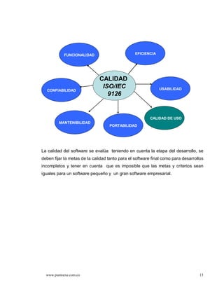 FUNCIONALIDAD                        EFICIENCIA




                              CALIDAD
                               ISO/IEC                        USABILIDAD
  CONFIABILIDAD
                                 9126


                                                         CALIDAD DE USO
                                                         CALIDA DE USO
         MANTENIBILIDAD
                                   PORTABILIDAD




La calidad del software se evalúa teniendo en cuenta la etapa del desarrollo, se
deben fijar la metas de la calidad tanto para el software final como para desarrollos
incompletos y tener en cuenta que es imposible que las metas y criterios sean
iguales para un software pequeño y un gran software empresarial.




  www.puntoexe.com.co                                                              13
 