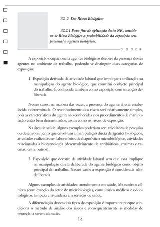 14
32. 2 Dos Riscos Biológicos
32.2.1 Para fins de aplicação desta NR, conside-
ra-se Risco Biológico a probabilidade da exposição ocu-
pacional a agentes biológicos.
A exposição ocupacional a agentes biológicos decorre da presença desses
agentes no ambiente de trabalho, podendo-se distinguir duas categorias de
exposição:
1. Exposição derivada da atividade laboral que implique a utilização ou
manipulação do agente biológico, que constitui o objeto principal
do trabalho. É conhecida também como exposição com intenção de-
liberada.
Nesses casos, na maioria das vezes, a presença do agente já está estabe-
lecida e determinada. O reconhecimento dos riscos será relativamente simples,
pois as características do agente são conhecidas e os procedimentos de manipu-
lação estão bem determinados, assim como os riscos de exposição.
Na área de saúde, alguns exemplos poderiam ser: atividades de pesquisa
ou desenvolvimento que envolvam a manipulação direta de agentes biológicos,
atividades realizadas em laboratórios de diagnóstico microbiológico, atividades
relacionadas à biotecnologia (desenvolvimento de antibióticos, enzimas e va-
cinas, entre outros).
2. Exposição que decorre da atividade laboral sem que essa implique
na manipulação direta deliberada do agente biológico como objeto
principal do trabalho. Nesses casos a exposição é considerada não-
deliberada.
Alguns exemplos de atividades: atendimento em saúde, laboratórios clí-
nicos (com exceção do setor de microbiologia), consultórios médicos e odon-
tológicos, limpeza e lavanderia em serviços de saúde.
A diferenciação desses dois tipos de exposição é importante porque con-
diciona o método de análise dos riscos e conseqüentemente as medidas de
proteção a serem adotadas.
 