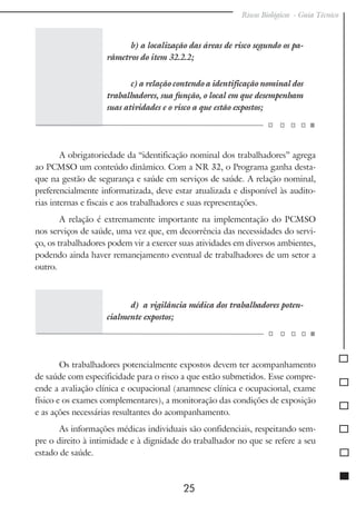 Riscos Biológicos - Guia Técnico
25
b) a localização das áreas de risco segundo os pa-
râmetros do item 32.2.2;
c) a relação contendo a identificação nominal dos
trabalhadores, sua função, o local em que desempenham
suas atividades e o risco a que estão expostos;
A obrigatoriedade da “identificação nominal dos trabalhadores” agrega
ao PCMSO um conteúdo dinâmico. Com a NR 32, o Programa ganha desta-
que na gestão de segurança e saúde em serviços de saúde. A relação nominal,
preferencialmente informatizada, deve estar atualizada e disponível às audito-
rias internas e fiscais e aos trabalhadores e suas representações.
A relação é extremamente importante na implementação do PCMSO
nos serviços de saúde, uma vez que, em decorrência das necessidades do servi-
ço, os trabalhadores podem vir a exercer suas atividades em diversos ambientes,
podendo ainda haver remanejamento eventual de trabalhadores de um setor a
outro.
d) a vigilância médica dos trabalhadores poten-
cialmente expostos;
Os trabalhadores potencialmente expostos devem ter acompanhamento
de saúde com especificidade para o risco a que estão submetidos. Esse compre-
ende a avaliação clínica e ocupacional (anamnese clínica e ocupacional, exame
físico e os exames complementares), a monitoração das condições de exposição
e as ações necessárias resultantes do acompanhamento.
As informações médicas individuais são confidenciais, respeitando sem-
pre o direito à intimidade e à dignidade do trabalhador no que se refere a seu
estado de saúde.
 
