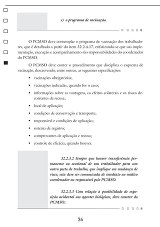 26
e) o programa de vacinação.
O PCMSO deve contemplar o programa de vacinação dos trabalhado-
res, que é detalhado a partir do item 32.2.4.17, enfatizando-se que sua imple-
mentação, execução e acompanhamento são responsabilidades do coordenador
do PCMSO.
O PCMSO deve conter o procedimento que disciplina o esquema de
vacinação, descrevendo, entre outras, as seguintes especificações:
	 vacinações obrigatórias;
	 vacinações indicadas, quando for o caso;
	 informações sobre as vantagens, os efeitos colaterais e os riscos de-
correntes da recusa;
	 local de aplicação;
	 condições de conservação e transporte;
	 responsável e condições de aplicação;
	 sistema de registro;
	 comprovantes de aplicação e recusa;
	 controle de eficácia, quando houver.
32.2.3.2 Sempre que houver transferência per-
manente ou ocasional de um trabalhador para um
outro posto de trabalho, que implique em mudança de
risco, esta deve ser comunicada de imediato ao médico
coordenador ou responsável pelo PCMSO.
32.2.3.3 Com relação à possibilidade de expo-
sição acidental aos agentes biológicos, deve constar do
PCMSO:
 