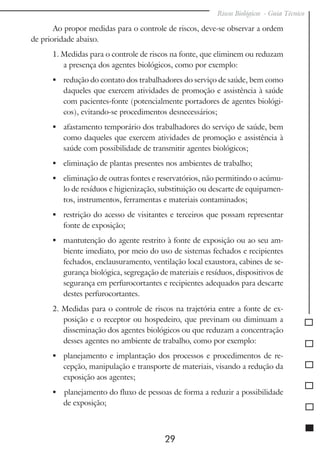 Riscos Biológicos - Guia Técnico
29
Ao propor medidas para o controle de riscos, deve-se observar a ordem
de prioridade abaixo.
1. Medidas para o controle de riscos na fonte, que eliminem ou reduzam
a presença dos agentes biológicos, como por exemplo:
	 redução do contato dos trabalhadores do serviço de saúde, bem como
daqueles que exercem atividades de promoção e assistência à saúde
com pacientes-fonte (potencialmente portadores de agentes biológi-
cos), evitando-se procedimentos desnecessários;
	 afastamento temporário dos trabalhadores do serviço de saúde, bem
como daqueles que exercem atividades de promoção e assistência à
saúde com possibilidade de transmitir agentes biológicos;
	 eliminação de plantas presentes nos ambientes de trabalho;
	 eliminação de outras fontes e reservatórios, não permitindo o acúmu-
lo de resíduos e higienização, substituição ou descarte de equipamen-
tos, instrumentos, ferramentas e materiais contaminados;
	 restrição do acesso de visitantes e terceiros que possam representar
fonte de exposição;
	 mantutenção do agente restrito à fonte de exposição ou ao seu am-
biente imediato, por meio do uso de sistemas fechados e recipientes
fechados, enclausuramento, ventilação local exaustora, cabines de se-
gurança biológica, segregação de materiais e resíduos, dispositivos de
segurança em perfurocortantes e recipientes adequados para descarte
destes perfurocortantes.
2. Medidas para o controle de riscos na trajetória entre a fonte de ex-
posição e o receptor ou hospedeiro, que previnam ou diminuam a
disseminação dos agentes biológicos ou que reduzam a concentração
desses agentes no ambiente de trabalho, como por exemplo:
	 planejamento e implantação dos processos e procedimentos de re-
cepção, manipulação e transporte de materiais, visando a redução da
exposição aos agentes;
 planejamento do fluxo de pessoas de forma a reduzir a possibilidade
de exposição;
 