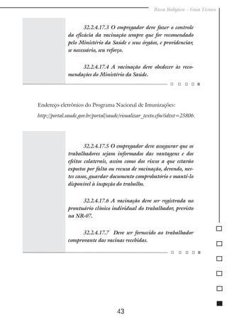 Riscos Biológicos - Guia Técnico
43
32.2.4.17.3 O empregador deve fazer o controle
da eficácia da vacinação sempre que for recomendado
pelo Ministério da Saúde e seus órgãos, e providenciar,
se necessário, seu reforço.
32.2.4.17.4 A vacinação deve obedecer às reco-
mendações do Ministério da Saúde.
Endereço eletrônico do Programa Nacional de Imunizações:
http://portal.saude.gov.br/portal/saude/visualizar_texto.cfm?idtxt=25806.
32.2.4.17.5 O empregador deve assegurar que os
trabalhadores sejam informados das vantagens e dos
efeitos colaterais, assim como dos riscos a que estarão
expostos por falta ou recusa de vacinação, devendo, nes-
tes casos, guardar documento comprobatório e mantê-lo
disponível à inspeção do trabalho.
32.2.4.17.6 A vacinação deve ser registrada no
prontuário clínico individual do trabalhador, previsto
na NR-07.
32.2.4.17.7 Deve ser fornecido ao trabalhador
comprovante das vacinas recebidas.
 