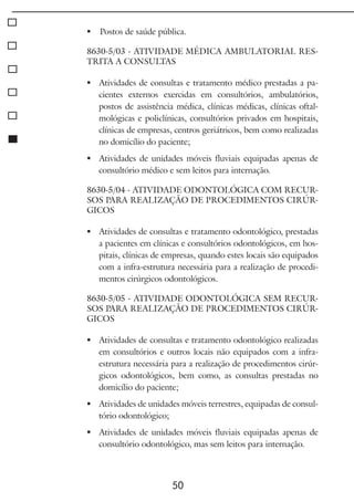 50
 	Postos de saúde pública.
8630-5/03 - ATIVIDADE MÉDICA AMBULATORIAL RES-
TRITA A CONSULTAS
	 Atividades de consultas e tratamento médico prestadas a pa-
cientes externos exercidas em consultórios, ambulatórios,
postos de assistência médica, clínicas médicas, clínicas oftal-
mológicas e policlínicas, consultórios privados em hospitais,
clínicas de empresas, centros geriátricos, bem como realizadas
no domicílio do paciente;
	 Atividades de unidades móveis fluviais equipadas apenas de
consultório médico e sem leitos para internação.
8630-5/04 - ATIVIDADE ODONTOLÓGICA COM RECUR-
SOS PARA REALIZAÇÃO DE PROCEDIMENTOS CIRÚR-
GICOS
	 Atividades de consultas e tratamento odontológico, prestadas
a pacientes em clínicas e consultórios odontológicos, em hos-
pitais, clínicas de empresas, quando estes locais são equipados
com a infra-estrutura necessária para a realização de procedi-
mentos cirúrgicos odontológicos.
8630-5/05 - ATIVIDADE ODONTOLÓGICA SEM RECUR-
SOS PARA REALIZAÇÃO DE PROCEDIMENTOS CIRÚR-
GICOS
	 Atividades de consultas e tratamento odontológico realizadas
em consultórios e outros locais não equipados com a infra-
estrutura necessária para a realização de procedimentos cirúr-
gicos odontológicos, bem como, as consultas prestadas no
domicílio do paciente;
	 Atividades de unidades móveis terrestres, equipadas de consul-
tório odontológico;
	 Atividades de unidades móveis fluviais equipadas apenas de
consultório odontológico, mas sem leitos para internação.
 