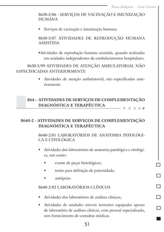 Riscos Biológicos - Guia Técnico
51
8630-5/06 - SERVIÇOS DE VACINAÇÃO E IMUNIZAÇÃO
HUMANA
	 Serviços de vacinação e imunização humana.
8630-5/07 ATIVIDADES DE REPRODUÇÃO HUMANA
ASSISTIDA
Atividades de reprodução humana assistida, quando realizadas
em unidades independentes de estabelecimentos hospitalares.
8630-5/99 ATIVIDADES DE ATENÇÃO AMBULATORIAL NÃO
ESPECIFICADAS ANTERIORMENTE
	 Atividades de atenção ambulatorial, não especificadas ante-
riormente.
864 - ATIVIDADES DE SERVIÇOS DE COMPLEMENTAÇÃO
DIAGNÓSTICA E TERAPÊUTICA
8640-2 - ATIVIDADES DE SERVIÇOS DE COMPLEMENTAÇÃO
DIAGNÓSTICA E TERAPÊUTICA
8640-2/01 LABORATÓRIOS DE ANATOMIA PATOLÓGI-
CA E CITOLÓGICA
	 Atividades dos laboratórios de anatomia patológica e citológi-
ca, tais como:
	 exame de peças histológicas;
	 testes para definição de paternidade;
 	 autópsias.
8640-2/02 LABORATÓRIOS CLÍNICOS
	 Atividades dos laboratórios de análises clínicas;
	 Atividades de unidades móveis terrestres equipadas apenas
de laboratório de análises clínicas, com pessoal especializado,
sem fornecimento de consultas médicas.
 