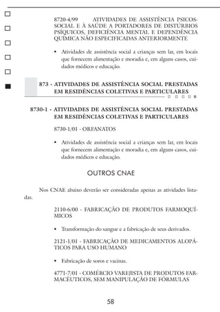58
8720-4/99 ATIVIDADES DE ASSISTÊNCIA PSICOS-
SOCIAL E À SAÚDE A PORTADORES DE DISTÚRBIOS
PSÍQUICOS, DEFICIÊNCIA MENTAL E DEPENDÊNCIA
QUÍMICA NÃO ESPECIFICADAS ANTERIORMENTE
	 Atividades de assistência social a crianças sem lar, em locais
que fornecem alimentação e moradia e, em alguns casos, cui-
dados médicos e educação.
873 - ATIVIDADES DE ASSISTÊNCIA SOCIAL PRESTADAS
EM RESIDÊNCIAS COLETIVAS E PARTICULARES
8730-1 - ATIVIDADES DE ASSISTÊNCIA SOCIAL PRESTADAS
EM RESIDÊNCIAS COLETIVAS E PARTICULARES
8730-1/01 - ORFANATOS
	 Atividades de assistência social a crianças sem lar, em locais
que fornecem alimentação e moradia e, em alguns casos, cui-
dados médicos e educação.
OUTROS CNAE
Nos CNAE abaixo deverão ser consideradas apenas as atividades lista-
das.
2110-6/00 - FABRICAÇÃO DE PRODUTOS FARMOQUÍ-
MICOS
	 Transformação do sangue e a fabricação de seus derivados.
2121-1/01 - FABRICAÇÃO DE MEDICAMENTOS ALOPÁ-
TICOS PARA USO HUMANO
	 Fabricação de soros e vacinas.
4771-7/01 - COMÉRCIO VAREJISTA DE PRODUTOS FAR-
MACÊUTICOS, SEM MANIPULAÇÃO DE FÓRMULAS
 