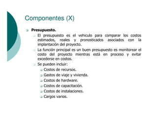 Componentes (X)
 Presupuesto.
    El presupuesto es el vehiculo para comparar los costos
    estimados, reales y pronosticados asociados con la
    implantación del proyecto.
    La función principal es un buen presupuesto es monitorear el
    costo del proyecto mientras está en proceso y evitar
    excederse en costos.
    Se pueden incluir:
        Costos de recursos.
        Gastos de viaje y vivienda.
        Costos de hardware.
        Costos de capacitación.
        Costos de instalaciones.
        Cargos varios.
 