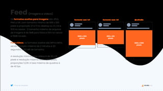 28
Guia de Templates
Feed
Horizontal sem link Horizontal com link Quadrado
1600 x 900
pixels
800 x 418
pixels
1200 x 1200
pixels
Os formatos aceitos para imagens são JPEG,
PNG e GIF, com tamanho mínimo de 600 x 335
pixels e proporção 2:1 e 1:1 no desktop ou 2:1, 3:4 e
16:9 no celular. O tamanho máximo de arquivos
de imagens é de 5MB para fotos e GIFs no celular
e 15MB na web.
Para vídeos, os formatos aceitos são MP4 e MOV,
sendo duração máxima de 2 minutos e 20
segundos e 512 MB de tamanho.
A resolução mínima para vídeos é de 32 x 21
pixels e resolução máxima 1920 x 1200 pixels,
proporções 1:2,39. A taxa máxima de quadros é
de 40 fps.
(imagens e vídeos)
 