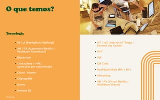 CONTEXTOS
O que temos?
Tecnologia
• AI / IA (Inteligência Artificial)
• AR / RA (Augmented Reality /
Realidade Aumentada)
• Blockchain
• Contactless + NFC:
operações por aproximação
• Cloud / Nuvem
• Criptografia
• Drone
• Internet 5G
• IoT / IdC (Internet of Things /
Internet das Coisas)
• NFT
• PIX
• QR Code
• Realidade Mista (RA + RV)
• Streaming
• VR / RV (Virtual Reality /
Realidade Virtual)
 