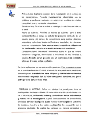 Guía para formato, estructura y redacción de tesis de maestría         6



    Antecedentes. Explica la ubicación de la investigación en el contexto de
    los conocimientos. Presenta investigaciones relacionadas con su
    problema y que fueron realizadas con anterioridad en diferentes niveles:
    comunidad, estado, nacional e internacional.
    Estado del arte. Situación actual de la investigación o lo último en relación
    al tema.
    Teoría de sustento. Presenta las teorías de sustento                       para el tema
    correspondientes al campo de estudio del problema planteado. Es un
    estudio acerca del campo del conocimiento para explicar alcances,
    extensión y profundidad teórica del fenómeno estudiado y las relaciones
    entre sus componentes. Debe explicar cómo se relaciona cada una de
    las teorías seleccionadas a la temática que se está estudiando.
    Conceptualización. Desarrollar constructos sobre lo que se tratará,
    incluyendo categorías, dimensiones o indicadores de las variables a
    estudiar. No debe ser un glosario, sino un escrito donde se contraste,
    e integre diversos textos confiables


Se debe verificar que los elementos estén presentes. Pero no necesariamente
en el formato establecido. Es decir, el estado del arte puede estar presente en
todo el capítulo. El sustentante debe recopilar y archivar los documentos
consultados e impresos con su ficha bibliográfica completa para poder
entregar junto con producto final.




CAPÍTULO III. MÉTODO. Define con claridad los paradigmas, tipos de
investigación, de diseño, métodos, técnicas e instrumentos para la recolección
de la información, incluyendo validez y confiabilidad de los instrumentos
y validez de la investigación. Explica adecuadamente el procedimiento
empleado para que cualquiera pueda replicar la investigación. Determina
la población, muestra, y los sujetos participantes. Es congruente con el
problema planteado. Se explica las variables de manera conceptual y


                       Mtra. Jemima Ruelas Ibarra
 