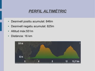 PERFIL ALTIMÈTRIC
● Desnivell positiu acumulat: 846m
● Desnivell negatiu acumulat: 825m
● Altitud máx:551m
● Distància: 16 km
 