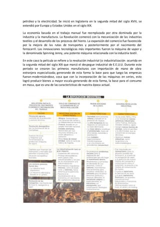 petróleo y la electricidad. Se inició en Inglaterra en la segunda mitad del siglo XVIII, se
extendió por Europa y Estados Unidos en el siglo XIX.
La economía basada en el trabajo manual fue reemplazada por otra dominada por la
industria y la manufactura. La Revolución comenzó con la mecanización de las industrias
textiles y el desarrollo de los procesos del hierro. La expansión del comercio fue favorecida
por la mejora de las rutas de transportes y posteriormente por el nacimiento del
ferrocarril. Las innovaciones tecnológicas más importantes fueron la máquina de vapor y
la denominada Spinning Jenny, una potente máquina relacionada con la industria textil.
En este caso la película se refiere a la revolución industrial (o industrialización ocurrida en
la segunda mitad del siglo XIX que marcó el despegue industrial de E.E.U.U. Durante este
periodo se crearon las primeras manufacturas con importación de mano de obra
extranjera especializada; generando de esta forma la base para que luego las empresas
fueran modernizándose, cosa que con la incorporación de las máquinas en series, esto
logró producir bienes a mayor escala generando de esta forma, la base para el consumo
en masa, que es una de las características de nuestra época actual.
 