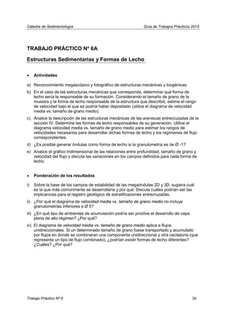 Cátedra de Sedimentología Guía de Trabajos Prácticos 2015
TRABAJO PRÁCTICO No
6A
Estructuras Sedimentarias y Formas de Lecho
• Actividades
a) Reconocimiento megascópico y fotográfico de estructuras mecánicas y biogénicas.
b) En el caso de las estructuras mecánicas que corresponda, determinar qué forma de
lecho sería la responsable de su formación. Considerando el tamaño de grano de la
muestra y la forma de lecho responsable de la estructura que describió, estime el rango
de velocidad bajo el que se podría haber depositado (utilice el diagrama de velocidad
media vs. tamaño de grano medio).
c) Analice la descripción de las estructuras mecánicas de las areniscas entrecruzadas de la
sección IV. Determine las formas de lecho responsables de su generación. Utilice el
diagrama velocidad media vs. tamaño de grano medio para estimar los rangos de
velocidades necesarios para desarrollar dichas formas de lecho y los regímenes de flujo
correspondientes.
d) ¿Es posible generar óndulas como forma de lecho si la granulometría es de Ø -1?
e) Analice el gráfico tridimensional de las relaciones entre profundidad, tamaño de grano y
velocidad del flujo y discuta las variaciones en los campos definidos para cada forma de
lecho.
• Ponderación de los resultados
i) Sobre la base de los campos de estabilidad de las megaóndulas 2D y 3D, sugiera cuál
es la que más comúnmente se desarrollaría y por qué. Discuta cuáles podrían ser las
implicancias para el registro geológico de estratificaciones entrecruzadas.
ii) ¿Por qué el diagrama de velocidad media vs. tamaño de grano medio no incluye
granulometrías inferiores a Ø 5?
iii) ¿En qué tipo de ambientes de acumulación podría ser proclive el desarrollo de capa
plana de alto régimen? ¿Por qué?
iv) El diagrama de velocidad media vs. tamaño de grano medio aplica a flujos
unidireccionales. Si un determinado tamaño de grano fuese transportado y acumulado
por flujos en donde se combinaran una componente unidireccional y otra oscilatoria (que
representa un tipo de flujo combinado), ¿podrían existir formas de lecho diferentes?
¿Cuáles? ¿Por qué?
Trabajo Práctico Nº 6 30
 