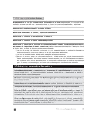 31TDAH en el aula: Guía para docentes
5.4. Estrategias para mejorar la lectura
Hagan que lean en voz alta aunque tengan dificultades de lectura, se equivoquen, etc. Anticiparles ac-
tividades, lecturas que se le van a proponer realizar en el aula (evitaran errores y miedos a la lectura).
Consolidar el conocimiento de las letras del alfabeto
Desarrollar habilidades de síntesis y segmentación fonémica
Desarrollar la habilidad de aislar fonemas en palabras
Desarrollar la habilidad de omitir fonemas en palabras.
Desarrollar la aplicación de las reglas de conversión grafema-fonema (RCGF) que permita el reco-
nocimiento de las palabras de forma automática (vía directa visual), contribuyendo a la adquisición de
la fluidez. Para alcanzar tal objetivo presentamos tres tareas.
a) Lectura de sílabas con diferentes estructuras (ccv,cvc) para incrementar la automatización de RCGF
dependiendo de las estructuras silábicas en las que se presente la dificultad.
b) Lectura de palabras para ir favoreciendo el empleo de etiquetas visuales.
c) Lectura de textos. A la hora de trabajar con niños con TDAH es importante utilizar formatos simplifi-
cados, pues favorecen la motivación del niño al no desanimarlo con una sobrecarga de información.
Por lo general es útil utilizar pequeños textos en letra grande y a doble espacio, con marcadores en rojo
para los puntos y en naranja para las comas que actúen de pistas visuales durante la lectura.
5.5. Estrategias para mejorar la escritura
Prestad especial atención en todas las áreas a los objetivos de expresión lingüística (ortografía, ex-
presión, orden lógico…) de razonamiento lógico (reflexión, resolución, etc.) y a los hábitos de trabajo y
de realización y presentación de tareas.
Mantener un contacto permanente con el alumno y sus producciones escritas.Evitar una práctica
inicial sin supervisión
Proporcionar corrección inmediata de los errores. Implicar al alumno en el análisis de sus errores.
Trabajar diariamente las palabras de uso frecuente en las que más errores suelen cometer.
Evitar actividades poco valiosas como son la copia reiterada de las mismas palabras o frases. No
es necesario que copie las faltas más de dos o tres veces. Si le hacemos copiar más veces lo que podemos
conseguir es el efecto contrario es decir que se reduzca su atención y vuelva a cometer el mismo error.
Observar el proceso de ejecución: dónde están los déficits. Sentarse con el niño e ir preguntándole
que va a escribir y darle pautas para la composición: ¨ ahora léelo y mira si lo entiendes ¨, ¨ bien, pero todo
eso ponlo muy claro ¨, ¨ entonces lo que tú quier s decir es… ¨.e
 