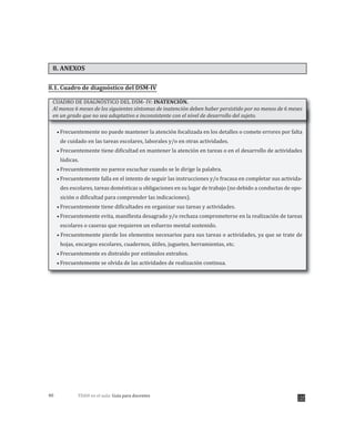 TDAH en el aula: Guía para docentes40
8. ANEXOS
8.1. Cuadro de diagnóstico del DSM-IV
CUADRO DE DIAGNÓSTICO DEL DSM- IV: INATENCIÓN.
Al menos 6 meses de los siguientes síntomas de inatención deben haber persistido por no menos de 6 meses
en un grado que no sea adaptativo e inconsistente con el nivel de desarrollo del sujeto.
Frecuentemente no puede mantener la atención focalizada en los detalles o comete errores por falta
de cuidado en las tareas escolares, laborales y/o en otras actividades.
Frecuentemente tiene dificultad en mantener la atención en tareas o en el desarrollo de actividades
lúdicas.
Frecuentemente no parece escuchar cuando se le dirige la palabra.
Frecuentemente falla en el intento de seguir las instrucciones y/o fracasa en completar sus activida-
des escolares, tareas domésticas u obligaciones en su lugar de trabajo (no debido a conductas de opo-
sición o dificultad para comprender las indicaciones).
Frecuentemente tiene dificultades en organizar sus tareas y actividades.
Frecuentemente evita, manifiesta desagrado y/o rechaza comprometerse en la realización de tareas
escolares o caseras que requieren un esfuerzo mental sostenido.
Frecuentemente pierde los elementos necesarios para sus tareas o actividades, ya que se trate de
hojas, encargos escolares, cuadernos, útiles, juguetes, herramientas, etc.
Frecuentemente es distraído por estímulos extraños.
Frecuentemente se olvida de las actividades de realización continua.
 