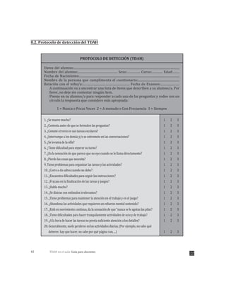 TDAH en el aula: Guía para docentes42
8.2. Protocolo de detección del TDAH
PROTOCOLO DE DETECCIîN (TDAH)
Datos del alumno:..................................................................................................................................
Nombre del alumno:................................................ Sexo:................ Curso:............. Edad:........
Fecha de Nacimiento:..........................................................................................................................
Nombre de la persona que cumplimenta el cuestionario:..................................................
Relaci—n con el ni–o/a:......................................................... Fecha de Examen:.......................
A continuaci—n va a encontrar una lista de ’tems que describen a su alumno/a. Por
favor, no deje sin contestar ningœn ’tem.
Piense en su alumno/a para responder a cada una de las preguntas y rodee con un
c’rculo la respuesta que considere m‡s apropiada:
1 = Nunca o Pocas Veces 2 = A menudo o Con Frecuencia 3 = Siempre
1 2 3
1 2 3
1 2 3
1 2 3
1 2 3
1 2 3
1 2 3
1 2 3
1 2 3
1 2 3
1 2 3
1 2 3
1 2 3
1 2 3
1 2 3
1 2 3
1 2 3
1 2 3
1 2 3
1 2 3
1. ÀSe mueve mucho?
2. ÀContesta antes de que se formulen las preguntas?
3. ÀComete errores en sus tareas escolares?
4. ÀInterrumpe a los dem‡s y/o se entromete en las conversaciones?
5. ÀSe levanta de la silla?
6. ÀTiene dificultad para esperar su turno?
7. ÀDa la sensaci—n de que parece que no oye cuando se le llama directamente?
8. ÀPierde las cosas que necesita?
9. Tiene problemas para organizar las tareas y las actividades?
10. ÀCorre o da saltos cuando no debe?
11. ÀEncuentra dificultades para seguir las instrucciones?
12. ÀFracasa en la finalizaci—n de las tareas y juegos?
13. ÀHabla mucho?
14. ÀSe distrae con est’mulos irrelevantes?
15. ÀTiene problemas para mantener la atenci—n en el trabajo y en el juego?
16. ÀAbandona las actividades que requieren un esfuerzo mental sostenido?
17. ÀEst‡ en movimiento continuo, da la sensaci—n de que Ònunca se le agotan las pilas?
18. ÀTiene dificultades para hacer tranquilamente actividades de ocio y de trabajo?
19. ÀA la hora de hacer las tareas no presta suficiente atenci—n a los detalles?
20. Generalmente, suele perderse en las actividades diarias. (Por ejemplo, no sabe quŽ
deberes hay que hacer, no sabe por quŽ p‡gina van, ...)
 