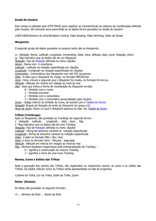 Grade do Usuário
Este campo é utilizado pelo GTM PRO® para registrar as características do sistema de coordenadas definido
pelo Usuário. Ele somente será preenchido se os dados forem gravados na Grade do Usuário.

USER GRID,Número do Grid,Meridiano Central, Falso Easting, Falso Northing, Fator de Escala
Waypoints
O segundo grupo de dados gravados no arquivo texto são os Waypoints :

w , Notação, Nome, Latitude, Longitude, Comentário, Data, Hora, Altitude, dspl, icone, Rotação, Zoom
w : flag indicativo que os dados são de um Waypoint
Notação: Tipo de Notação definida no menu Opções
Nome : Nome com 6 caracteres
Latitude : Latitude na notação especificada em Opções
Longitude : Longitude na notação especificada em Opções
Comentário : Comentários dos Waypoints com até 255 caracteres
Data : A data que o Waypoint foi criado, no formato MM/DD/AA
Hora : Hora, minuto e segundo que o Waypoint foi criado, no formato hh:mm:ss
Altitude : Altitude em metros em relação ao nível do mar
dspl : byte que indica a forma de visualização do Waypoint na tela:
0 – Símbolo com o nome
1 – Símbolo somente
2 – Símbolo com o comentário
3 – Símbolo com o comentário personalizado pelo Usuário
Ícone : código interno do símbolo do ícone, de acordo com a Tabela de Ícones
Rotação: Ângulo de Rotação do texto do Waypoint em graus x10
Nível de Zoom: Zoom no qual o Waypoint aparece na tela. Ver Tabela de Zoom.
Trilhas (TrackLogs)
Após os Waypoints, são gravadas as Tracklogs da seguinte forma :
t , Notação, Latitude , Longitude , data , hora , flag
t : flag indicativo que os dados são de uma Tracklog
Notação: Tipo de Notação definida no menu Opções
Latitude : String de tamanho variável na notação especificada
Longitude : String de tamanho variável na notação especificada
Data: a data no formato Mês / Dia / Ano
Hora: a hora no formato Hora : Minutos : segundos
Altitude : Altitude em metros em relação ao nível do mar
flag : Número booleano responsável pela individualização da Tracklog :
0 – significa a continuação da mesma Tracklog
1 – significa o início de uma nova Tracklog
Nomes, Cores e Estilos das Trilhas
Após a gravação dos pontos das Trilhas, são registrados os respectivos nomes, as cores e os estilos das
Trilhas. Os estilos indicam como as Trilhas serão apresentadas na tela do programa.

n,Nome da Trilha, Cor da Trilha, Estilo da Trilha, Zoom
Rotas (Routes)
As Rotas são gravadas no seguinte formato :

rn , Número da Rota , Nome da Rota

15

 