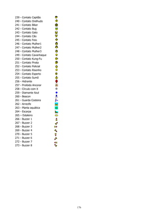 239
240
241
242
243
244
245
246
247
248
249
250
251
252
253
254
255
256
257
258
259
260
261
262
263
264
265
266
267
268
269
270
271
272
273

- Contato Capitão
- Contato Orelhudo
- Contato Biker
- Contato Bug
- Contato Gato
- Contato Cão
- Contato Feio
- Contato Mulher1
- Contato Mulher2
- Contato Mulher3
- Contato Cavanhaque
- Contato Kung-Fu
- Contato Pirata
- Contato Policial
- Contato Risonho
- Contato Esperto
- Contato Sumô
- Hidrante
- Proibido Ancorar
- Círculo com X
- Diamante Azul
- Beacon
- Guarda Costeira
- Arrecife
- Planta aquática
- Escarpa
– Estaleiro
- Buzzer 1
- Buzzer 2
- Buzzer 3
- Buzzer 4
- Buzzer 5
- Buzzer 6
- Buzzer 7
- Buzzer 8

176

 
