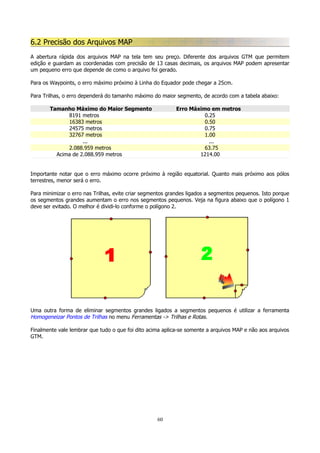 6.2 Precisão dos Arquivos MAP
A abertura rápida dos arquivos MAP na tela tem seu preço. Diferente dos arquivos GTM que permitem
edição e guardam as coordenadas com precisão de 13 casas decimais, os arquivos MAP podem apresentar
um pequeno erro que depende de como o arquivo foi gerado.
Para os Waypoints, o erro máximo próximo à Linha do Equador pode chegar a 25cm.
Para Trilhas, o erro dependerá do tamanho máximo do maior segmento, de acordo com a tabela abaixo:
Tamanho Máximo do Maior Segmento
8191 metros
16383 metros
24575 metros
32767 metros
...
2.088.959 metros
Acima de 2.088.959 metros

Erro Máximo em metros
0.25
0.50
0.75
1.00
...
63.75
1214.00

Importante notar que o erro máximo ocorre próximo à região equatorial. Quanto mais próximo aos pólos
terrestres, menor será o erro.
Para minimizar o erro nas Trilhas, evite criar segmentos grandes ligados a segmentos pequenos. Isto porque
os segmentos grandes aumentam o erro nos segmentos pequenos. Veja na figura abaixo que o polígono 1
deve ser evitado. O melhor é dividi-lo conforme o polígono 2.

Uma outra forma de eliminar segmentos grandes ligados a segmentos pequenos é utilizar a ferramenta
Homogeneizar Pontos de Trilhas no menu Ferramentas -> Trilhas e Rotas.
Finalmente vale lembrar que tudo o que foi dito acima aplica-se somente a arquivos MAP e não aos arquivos
GTM.

60

 
