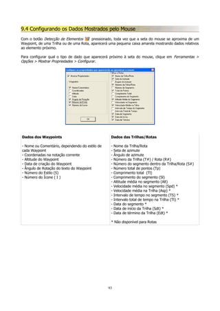 9.4 Configurando os Dados Mostrados pelo Mouse
Com o botão Detecção de Elementos
pressionado, toda vez que a seta do mouse se aproxima de um
Waypoint, de uma Trilha ou de uma Rota, aparecerá uma pequena caixa amarela mostrando dados relativos
ao elemento próximo.
Para configurar qual o tipo de dado que aparecerá próximo à seta do mouse, clique em Ferramentas >
Opções > Mostrar Propriedades > Configurar.

Dados dos Waypoints

Dados das Trilhas/Rotas

- Nome ou Comentário, dependendo do estilo de
cada Waypoint
- Coordenadas na notação corrente
- Altitude do Waypoint
- Data de criação do Waypoint
- Ângulo de Rotação do texto do Waypoint
- Número do Estilo (S)
- Número do Ícone ( I )

-

Nome da Trilha/Rota
Seta de azimute
Ângulo de azimute
Número da Trilha (T#) / Rota (R#)
Número do segmento dentro da Trilha/Rota (S#)
Número total de pontos (Tp)
Comprimento total (Tl)
Comprimento do segmento (Sl)
Altitude média no segmento (Alt)
Velocidade média no segmento (Spd) *
Velocidade média na Trilha (Asp) *
Intervalo de tempo no segmento (TS) *
Intervalo total de tempo na Trilha (Tt) *
Data do segmento *
Data de início da Trilha (Sdt) *
Data de término da Trilha (Edt) *

* Não disponível para Rotas

93

 