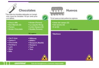 Chocolates                                                             Huevos
* Para evitar los chocolates elaborados con transgé-
  nicos, busca los chocolates 100 por ciento puros
  y sin aditivos.                                                 * Si de huevos se trata prefiere los orgánicos

   • Choco dills                     • Kinder (Ferrero)              • Aires del campo (O)
   • Don Manolo (O)                  • La vaquita Wong               • Del rancho (O)
   • Ferrero                         • Lindo Oaxaca (O)              • E el (O)
   • Kinder Chocolate                • Nutella (Ferrero)                                           *(O) orgánico


                                     *(O) orgánico                   • Bachoco

   • Cal-C-tose                      • Milkiway
   • Carlos V                        • MNM´s
   • Chocomilk                       • Nesquick (Nestlé)
   • Hershey´s                       • Reesse´s
   • Larín                           • Turín
   • Mars                            • Twix
   • Milo




10                                        Guía de transgénicos y consumo responsable
 