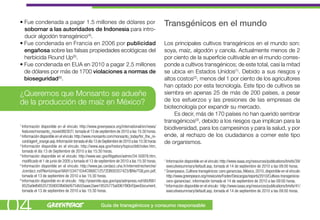 • Fue condenada a pagar 1.5 millones de dólares por                                             Transgénicos en el mundo
   sobornar a las autoridades de Indonesia para intro-
   ducir algodón transgénico(4).
 • Fue condenada en Francia en 2006 por publicidad                                               Los principales cultivos transgénicos en el mundo son:
   engañosa sobre las falsas propiedades ecológicas del                                          soya, maíz, algodón y canola. Actualmente menos de 2
   herbicida Round Up(5).                                                                        por ciento de la superficie cultivable en el mundo corres-
 • Fue condenada en EUA en 2010 a pagar 2.5 millones                                             ponde a cultivos transgénicos; de este total, casi la mitad
   de dólares por más de 1700 violaciones a normas de                                            se ubica en Estados Unidos(1). Debido a sus riesgos y
   bioseguridad(6).                                                                              altos costos(2), menos del 1 por ciento de los agricultores
                                                                                                 han optado por esta tecnología. Este tipo de cultivos se
 ¿Queremos que Monsanto se adueñe                                                                siembra en apenas 25 de más de 200 países, a pesar
                                                                                                 de los esfuerzos y las presiones de las empresas de
 de la producción de maíz en México?
                                                                                                 biotecnología por expandir su mercado.
                                                                                                     Es decir, más de 170 países no han querido sembrar
                                                                                                 transgénicos(3), debido a los riesgos que implican para la
 1
   Información disponible en el vínculo: http://www.greenpeace.org/international/en/news/        biodiversidad, para los campesinos y para la salud, y por
   features/monsanto_movie080307/, tomada el 13 de septiembre de 2010 a las 15:30 horas.
 2
   Información disponible en el vínculo: http://www.monsanto.com/monsanto_today/for_the_re-      ende, al rechazo de los ciudadanos a comer este tipo
   cord/agent_orange.asp. Información tomada el día 13 de Septiembre de 2010 a las 15:30 horas   de organismos.
 3
   Información disponible en el vínculo: http://www.epa.gov/history/topics/ddt/index.htm,
   tomada el día 13 de Septiembre de 2010 a las 15:30 horas.
 4
   Información disponible en el vínculo: http://www.sec.gov/litigation/admin/34-50978.htm,
   modificado el 1 de junio de 2005 y tomada el 13 de septiembre de 2010 a las 15:30 horas.      1
                                                                                                   Información disponible en el vínculo: http://www.isaaa.org/resources/publications/briefs/39/
 5
   Información disponible en el vínculo: http://www.jac.cerdacc.uha.fr/internet/recherche/         executivesummary/default.asp, tomada el 14 de septiembre de 2010 a las 09:00 horas.
   Jcerdacc.nsf/NomUnique/9A9153471EA4C866C12572DB00357423/$file/TGILyon.pdf,                    2
                                                                                                   Greenpeace, Cultivos transgénicos: cero ganancias, México, 2010, disponible en el vínculo:
   tomada el 13 de septiembre de 2010 a las 15:30 horas.                                           http://www.greenpeace.org/mexico/es/Footer/Descargas/reports/2010/Cultivos-transgenicos-
 6
   Información disponible en el vínculo: http://yosemite.epa.gov/opa/admpress.nsf/d0cf661          cero-ganancias/, información tomada el 14 de septiembre de 2010 a las 09:00 horas.
   8525a9efb85257359003fb69d/6754b55aaec2aee18525775a0061f90b!OpenDocument,                      3
                                                                                                   Información disponible en el vínculo: http://www.isaaa.org/resources/publications/briefs/41/
   tomada el 13 de septiembre de 2010 a las 15:30 horas.                                           executivesummary/default.asp, tomada el 14 de septiembre de 2010 a las 09:00 horas.



04                                                      Guía de transgénicos y consumo responsable
 