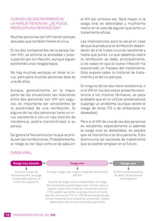 16 TRANSMISIÓN SEXUAL DEL VIH
CUANDO LOS DOS MIEMBROS DE
LA PAREJA TIENEN VIH: ¿SE PUEDE
PRODUCIR UNA REINFECCIÓN?
Muchas personas con VIH tienen parejas
sexuales que también tienen el virus.
Si los dos componentes de la pareja tie-
nen VIH, se elimina la ansiedad o preo-
cupación por la infección, aunque siguen
existiendo unos riesgos bajos.
No hay muchas ventajas en tener el vi-
rus, pero para muchas personas ésta es
una de ellas.
Aunque, generalmente, en la mayor
parte de las situaciones las relaciones
entre dos personas con VIH son segu-
ras, es importante ser conscientes de
la posibilidad de una reinfección. Si
alguna de las dos personas tiene un vi-
rus resistente o con un tipo distinto de
resistencia, podría transmitírselo a su
pareja.
Se ignora la frecuencia con la que se pro-
ducen las reinfecciones. Probablemente,
el riesgo es tan bajo como el de adquirir
el VIH por primera vez. Será mayor si la
carga viral es detectable y muchísimo
menor en el caso de alguien que tome un
tratamiento eficaz.
Las implicaciones para la salud en caso
de que se produzca la reinfección depen-
derán de si el nuevo virus es resistente y
hasta qué punto. Lo que sabemos sobre
la reinfección se debe, principalmente,
a los casos en que la nueva infección ha
ocasionado un fracaso del tratamiento.
Esto supone saber tu historial de trata-
miento y el de tus parejas.
Si ninguno de los dos tiene resistencia, o
si el VIH en los dos casos presenta resis-
tencia a los mismos fármacos, es poco
probable que el no utilizar preservativos
suponga un problema (aunque existe el
riesgo de otras ITS o de embarazos no
deseados).
Pero si el VIH de una de las dos personas
es resistente, especialmente si además
la carga viral es detectable, es posible
que se transmita a la otra persona. Esto
disminuiría las opciones de tratamiento
que se podrán emplear en el futuro.
CARGA VIRAL
El VIH no está presente,
es decir, la persona es
seronegativa
A mayor carga viral, mayor riesgo de transmisión
del VIH
Cuando la carga viral es indetectable, el riesgo
de transmisión puede llegar a ser mínimo, pero si
existen otras infecciones de transmisión sexual
(ITS) pueden aumentar la carga viral en el tracto
genital. Incluso sin ITS, el 10% de las personas que
toman tratamiento en ocasiones presentan niveles
detectables de virus en los fluidos genitales
Durante la fase de
seroconversión, la carga
viral puede superar un
millón de copias/mL
Carga viralRiesgo muy elevado Riesgo cero
 