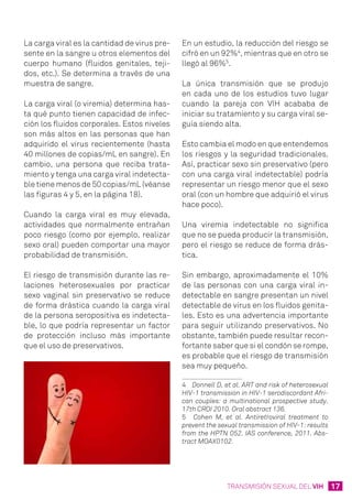17TRANSMISIÓN SEXUAL DEL VIH
La carga viral es la cantidad de virus pre-
sente en la sangre u otros elementos del
cuerpo humano (fluidos genitales, teji-
dos, etc.). Se determina a través de una
muestra de sangre.
La carga viral (o viremia) determina has-
ta qué punto tienen capacidad de infec-
ción los fluidos corporales. Estos niveles
son más altos en las personas que han
adquirido el virus recientemente (hasta
40 millones de copias/mL en sangre). En
cambio, una persona que reciba trata-
miento y tenga una carga viral indetecta-
ble tiene menos de 50 copias/mL (véanse
las figuras 4 y 5, en la página 18).
Cuando la carga viral es muy elevada,
actividades que normalmente entrañan
poco riesgo (como por ejemplo, realizar
sexo oral) pueden comportar una mayor
probabilidad de transmisión.
El riesgo de transmisión durante las re-
laciones heterosexuales por practicar
sexo vaginal sin preservativo se reduce
de forma drástica cuando la carga viral
de la persona seropositiva es indetecta-
ble, lo que podría representar un factor
de protección incluso más importante
que el uso de preservativos.
En un estudio, la reducción del riesgo se
cifró en un 92%4
, mientras que en otro se
llegó al 96%5
.
La única transmisión que se produjo
en cada uno de los estudios tuvo lugar
cuando la pareja con VIH acababa de
iniciar su tratamiento y su carga viral se-
guía siendo alta.
Esto cambia el modo en que entendemos
los riesgos y la seguridad tradicionales.
Así, practicar sexo sin preservativo (pero
con una carga viral indetectable) podría
representar un riesgo menor que el sexo
oral (con un hombre que adquirió el virus
hace poco).
Una viremia indetectable no significa
que no se pueda producir la transmisión,
pero el riesgo se reduce de forma drás-
tica.
Sin embargo, aproximadamente el 10%
de las personas con una carga viral in-
detectable en sangre presentan un nivel
detectable de virus en los fluidos genita-
les. Esto es una advertencia importante
para seguir utilizando preservativos. No
obstante, también puede resultar recon-
fortante saber que si el condón se rompe,
es probable que el riesgo de transmisión
sea muy pequeño.
4	 Donnell D, et al. ART and risk of heterosexual
HIV-1 transmission in HIV-1 serodiscordant Afri-
can couples: a multinational prospective study.
17th CROI 2010. Oral abstract 136.
5	 Cohen M, et al. Antiretroviral treatment to
prevent the sexual transmission of HIV-1: results
from the HPTN 052. IAS conference, 2011. Abs-
tract MOAX0102.
 