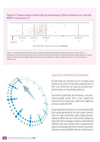 36 TRANSMISIÓN SEXUAL DEL VIH
Figura 9: Tiempo hasta el desarrollo de anticuerpos: 95% a la semana 4 y más del
99,9% a la semana 12
Cada ‘x’ representa el tiempo en que una persona distinta desarrolla anticuerpos contra el VIH. La
realización de la prueba solo será útil cuando la mayor parte de las infecciones sean detectables. Aunque
algunas infecciones pueden detectarse antes, la realización de la prueba tras solo 2 o 3 semanas no
resulta útil.
¿Qué es el periodo de ventana?
El periodo de ventana es el tiempo que
transcurre entre la posible exposición al
VIH y el momento en que la prueba pro-
porcionará un resultado preciso.
Durante el periodo de ventana, una per-
sona puede tener VIH y ser capaz de
transmitir la infección, pero dar negativo
en la prueba del VIH.
ElperiododeventanaenunapruebaELISA
de cuarta generación es de cuatro sema-
nas. En ese momento, será capaz de de-
tectar el 95% de las infecciones (véase la
figura9).Sinembargo,existeunperiodode
ventana de tres meses tras la exposición
para el resultado de confirmación (que de-
tectaría más del 99,9% de las infecciones).
 