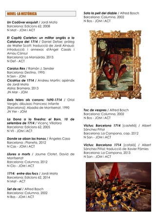 NOVEL·LA HISTÒRICA
Un Cadàver exquisit / Jordi Mata
Barcelona: Edicions 62, 2008
N Mat - JOM i ACT
El Capità Carleton: un militar anglès a la
Catalunya del 1714 / Daniel Defoe; próleg
de Walter Scott; traducció de Jordi Ainaud;
introducció i annexos d'Àngel Casals i
Arnau Cònsul
Barcelona: La Mansarda, 2013
N Def - ACT
Carolus Rex / Ramón J. Sender
Barcelona: Destino, 1995
N Sen - JOM
Cicatrius de 1714 / Andreu Martín; apèndix
de Jordi Mata
Alzira: Bromera, 2013
JN Mar - JOM
Dels telers als canons: 1690-1714 / Oriol
Vergés; dibuixos: Francesc Infante
[Barcelona]: Abadia de Montserrat, 1990
JN Ver - JOM
La Dona a la finestra: el Born, 10 de
setembre de 1714 / Vicenç Villatoro
Barcelona: Edicions 62, 2005
N Vil - JOM i ACT
Donde se alzan los tronos / Ángeles Caso
Barcelona : Planeta, 2012
N Cas - JOM i ACT
Lliures o morts / Jaume Clotet, David de
Montserrat
Barcelona: Columna, 2012
N Clo - JOM i ACT
1714: entre dos focs / Jordi Mata
Barcelona: Edicions 62, 2014
N Mat - ACT
Set de rei / Alfred Bosch
Barcelona: Columna, 2002
N Bos - JOM i ACT
Sota la pell del diable / Alfred Bosch
Barcelona: Columna, 2002
N Bos - JOM i ACT
Toc de vespres / Alfred Bosch
Barcelona: Columna, 2002
N Bos - JOM i ACT
Victus: Barcelona 1714 [castellà] / Albert
Sánchez Piñol
Barcelona: La Campana, cop. 2012
N San - JOM i ACT
Victus: Barcelona 1714 [català] / Albert
Sánchez Piñol; traducció de Xavier Pàmies
Barcelona: La Campana, 2013
N San - JOM i ACT
 