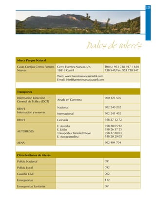 109
Datos de interés
Marca Parque Natural
Casas Cortijos Cerros Fuentes
Nuevas
Cerro Fuentes Nuevas, s/n.
18816 Castril
Tfnos.: 953 738 947 / 610
738 947/Fax: 953 738 947
Web: www.fuentesnuevascastril.com
E-mail: info@fuentesnuevascastril.com
Transportes
Información Dirección
General de Tráfico (DGT)
Ayuda en Carretera
900 123 505
RENFE
Información y reservas
Nacional 902 240 202
Internacional 902 243 402
RENFE Granada 958 27 12 72
AUTOBUSES
E. Autedia
E. Liñán
Transportes Trinidad Nieve
E. Autogranadina
958 28 05 92
958 26 37 25
958 27 88 03
958 20 29 05
AENA 902 404 704
Otros teléfonos de interés
Policía Nacional 091
Policía Local 092
Guardia Civil 062
Emergencias 112
Emergencias Sanitarias 061
 