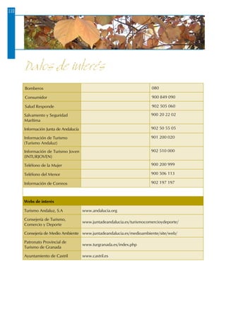 110
Bomberos 080
Consumidor 900 849 090
Salud Responde 902 505 060
Salvamento y Seguridad
Marítima
900 20 22 02
Información Junta de Andalucía 902 50 55 05
Información de Turismo
(Turismo Andaluz)
901 200 020
Información de Turismo Joven
(INTURJOVEN)
902 510 000
Teléfono de la Mujer 900 200 999
Teléfono del Menor 900 506 113
Información de Correos 902 197 197
Webs de interés
Turismo Andaluz, S.A www.andalucia.org
Consejería de Turismo,
Comercio y Deporte
www.juntadeandalucia.es/turismocomercioydeporte/
Consejería de Medio Ambiente www.juntadeandalucia.es/medioambiente/site/web/
Patronato Provincial de
Turismo de Granada
www.turgranada.es/index.php
Ayuntamiento de Castril www.castril.es
Datos de interés
 