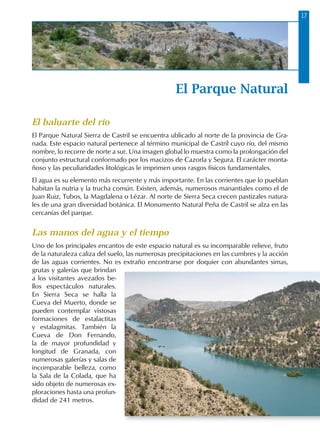 17
El Parque Natural
El baluarte del río
El Parque Natural Sierra de Castril se encuentra ublicado al norte de la provincia de Gra-
nada. Este espacio natural pertenece al término municipal de Castril cuyo río, del mismo
nombre, lo recorre de norte a sur. Una imagen global lo muestra como la prolongación del
conjunto estructural conformado por los macizos de Cazorla y Segura. El carácter monta-
ñoso y las peculiaridades litológicas le imprimen unos rasgos físicos fundamentales.
El agua es su elemento más recurrente y más importante. En las corrientes que lo pueblan
habitan la nutria y la trucha común. Existen, además, numerosos manantiales como el de
Juan Ruiz, Tubos, la Magdalena o Lézar. Al norte de Sierra Seca crecen pastizales natura-
les de una gran diversidad botánica. El Monumento Natural Peña de Castril se alza en las
cercanías del parque.
Las manos del agua y el tiempo
Uno de los principales encantos de este espacio natural es su incomparable relieve, fruto
de la naturaleza caliza del suelo, las numerosas precipitaciones en las cumbres y la acción
de las aguas corrientes. No es extraño encontrarse por doquier con abundantes simas,
grutas y galerías que brindan
a los visitantes avezados be-
llos espectáculos naturales.
En Sierra Seca se halla la
Cueva del Muerto, donde se
pueden contemplar vistosas
formaciones de estalactitas
y estalagmitas. También la
Cueva de Don Fernando,
la de mayor profundidad y
longitud de Granada, con
numerosas galerías y salas de
incomparable belleza, como
la Sala de la Colada, que ha
sido objeto de numerosas ex-
ploraciones hasta una profun-
didad de 241 metros.
 
