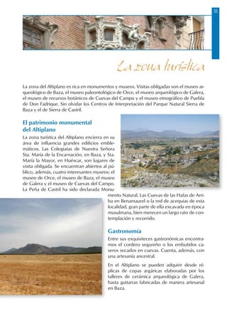 35
La zona del Altiplano es rica en monumentos y museos. Visitas obligadas son el museo ar-
queológico de Baza, el museo paleontológico de Orce, el museo arqueológico de Galera,
el museo de recursos botánicos de Cuevas del Campo y el museo etnográfico de Puebla
de Don Fadrique. Sin olvidar los Centros de Interpretación del Parque Natural Sierra de
Baza y el de Sierra de Castril.
El patrimonio monumental
del Altiplano
La zona turística del Altiplano encierra en su
área de influencia grandes edificios emble-
máticos. Las Colegiatas de Nuestra Señora
Sta. María de la Encarnación, en Baza, y Sta.
María la Mayor, en Huéscar, son lugares de
visita obligada. Se encuentran abiertos al pú-
blico, además, cuatro interesantes museos: el
museo de Orce, el museo de Baza, el museo
de Galera y el museo de Cuevas del Campo.
La Peña de Castril ha sido declarada Monu-
mento Natural. Las Cuevas de las Hafas de Arri-
ba en Benamaurel o la red de acequias de esta
localidad, gran parte de ella excavada en época
musulmana, bien merecen un largo rato de con-
templación y recorrido.
Gastronomía
Entre sus exquisiteces gastronómicas encontra-
mos el cordero segureño o los embutidos ca-
seros secados en cuevas. Cuenta, además, con
una artesanía ancestral.
En el Altiplano se pueden adquirir desde ré-
plicas de copas argáricas elaboradas por los
talleres de cerámica arqueológica de Galera,
hasta guitarras fabricadas de manera artesanal
en Baza.
La zona turística
 