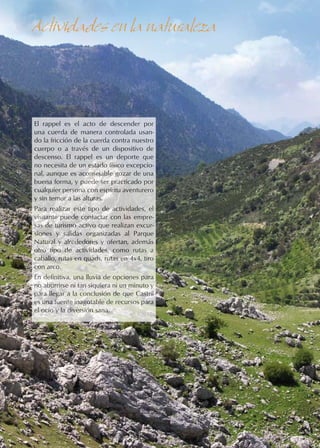 38
El rappel es el acto de descender por
una cuerda de manera controlada usan-
do la fricción de la cuerda contra nuestro
cuerpo o a través de un dispositivo de
descenso. El rappel es un deporte que
no necesita de un estado físico excepcio-
nal, aunque es aconsejable gozar de una
buena forma, y puede ser practicado por
cualquier persona con espíritu aventurero
y sin temor a las alturas.
Para realizar este tipo de actividades, el
visitante puede contactar con las empre-
sas de turismo activo que realizan excur-
siones y salidas organizadas al Parque
Natural y alrededores y ofertan, además
otro tipo de actividades, como rutas a
caballo, rutas en quads, rutas en 4x4, tiro
con arco.
En definitiva, una lluvia de opciones para
no aburrirse ni tan siquiera ni un minuto y
para llegar a la conclusión de que Castril
es una fuente inagotable de recursos para
el ocio y la diversión sana.
Actividades en la naturaleza
 