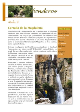 48
SenderosSenderos
Cerrada de la Magdalena
Este itinerario de corta duración, nos va a mostrar en su pequeño
recorrido, apto para todos los visitantes, una representación bas-
tante completa de los paisajes y ecosistemas característicos del
Parque Natural. Atravesará un encinar y un pinar de salgareño muy
próximos al río Castril, y finalizará en un paraje de gran belleza
como es la cerrada del Barranco de la Magdalena (o de la Malena,
como aquí se le llama).
Se inicia en el puente de Pino Hermoso, situado en el Carril del
Nacimiento, a un kilómetro del “El Cortijillo” hacia el Norte. La
senda discurre, al principio, entre encinas y matorral mediterráneo
de hiniestas, escaramujos, majue-
los, romeros y enebros, y, por su
proximidad a una antigua acequia,
no escasean juncos y zarzas.
Al alcanzar la vertiente podemos
observar el Cortijo de la Saludá,
con amplios prados y choperas.
Al fondo, se enmarcan los Cortijos
del Nacimiento sobre un fondo
contrastadamente desnudo y es-
carpado. Ya en orientación Norte,
el ambiente se vuelve más fresco
y con rapidez el encinar deja paso
al pinar de salgareño que, aunque
más propio de mayores altitudes,
aquí está presente por la especial
humedad que asegura la orienta-
ción del terreno.
Finalmente, se accede hasta la an-
gosta Cerrada, fruto de la especial
disposición de los mantos roco-
sos y de la acción erosiva de las
aguas, donde surge un manantial
de cristalinas aguas.
Ruta 7
Datos de la ruta
Punto de inicio:
Puente de Pino
Hermoso
Tiempo:
45 minutos
Dificultad:
baja
Longitud:
1,5 km:
 