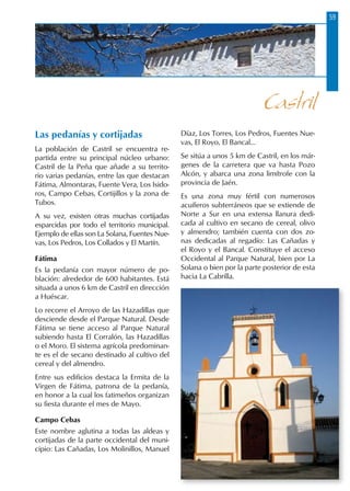 59
Las pedanías y cortijadas
La población de Castril se encuentra re-
partida entre su principal núcleo urbano:
Castril de la Peña que añade a su territo-
rio varias pedanías, entre las que destacan
Fátima, Almontaras, Fuente Vera, Los Isido-
ros, Campo Cebas, Cortijillos y la zona de
Tubos.
A su vez, existen otras muchas cortijadas
esparcidas por todo el territorio municipal.
Ejemplo de ellas son La Solana, Fuentes Nue-
vas, Los Pedros, Los Collados y El Martín.
Fátima
Es la pedanía con mayor número de po-
blación: alrededor de 600 habitantes. Está
situada a unos 6 km de Castril en dirección
a Huéscar.
Lo recorre el Arroyo de las Hazadillas que
desciende desde el Parque Natural. Desde
Fátima se tiene acceso al Parque Natural
subiendo hasta El Corralón, las Hazadillas
o el Moro. El sistema agrícola predominan-
te es el de secano destinado al cultivo del
cereal y del almendro.
Entre sus edificios destaca la Ermita de la
Virgen de Fátima, patrona de la pedanía,
en honor a la cual los fatimeños organizan
su fiesta durante el mes de Mayo.
Campo Cebas
Este nombre aglutina a todas las aldeas y
cortijadas de la parte occidental del muni-
cipio: Las Cañadas, Los Molinillos, Manuel
Díaz, Los Torres, Los Pedros, Fuentes Nue-
vas, El Royo, El Bancal…
Se sitúa a unos 5 km de Castril, en los már-
genes de la carretera que va hasta Pozo
Alcón, y abarca una zona limítrofe con la
provincia de Jaén.
Es una zona muy fértil con numerosos
acuíferos subterráneos que se extiende de
Norte a Sur en una extensa llanura dedi-
cada al cultivo en secano de cereal, olivo
y almendro; también cuenta con dos zo-
nas dedicadas al regadío: Las Cañadas y
el Royo y el Bancal. Constituye el acceso
Occidental al Parque Natural, bien por La
Solana o bien por la parte posterior de esta
hacia La Cabrilla.
Castril
 