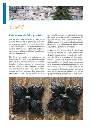 62
Patrimonio histórico y artístico
Las excavaciones llevadas a cabo en el
castillo de Castril han permitido constatar
su ocupación desde el período almohade,
datado en el siglo XI. En la primera excava-
ción se hallaron unos utensilios metálicos
destinados a labores agrícolas, ganaderas e
incluso domésticas.
El sistema de regadío generado desde Las
Fuentes de Tubos es el legado más impor-
tante de la época musulmana. Los elemen-
tos claves del mismo eran la construcción
de una alberca y una acequia principal,
que distribuían el agua a una gran exten-
sión de huertos y bancales. Este sistema ha
permanecido hasta la actualidad sin ape-
nas modificaciones. El aprovechamiento
del agua permitió una rica agricultura de
regadío, paralela a una considerable activi-
dad ganadera, generada por la abundancia
de pastos, que incluso en ocasiones eran
alquilados a ganaderos cristianos.
La victoria de los Reyes Católicos y la do-
nación del señorío de Castril a Hernando
de Zafra marca un nuevo rumbo en su his-
toria. En 1504, tras un viaje por Barcelona,
ordena la puesta en marcha de una explo-
tación vidriera en Castril, cuyo terreno era
muy propicio para la obtención de las ma-
terias necesarias. En 1527 se produce un
nuevo reparto de tierras, casas y huertas, a
un total de 68 nuevos pobladores, hecho
que posibilitó el aumento de la población.
Castril
 