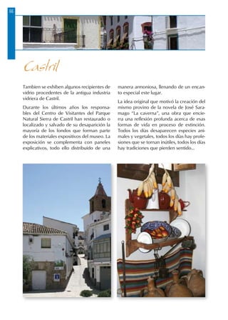 66
Tambien se exhiben algunos recipientes de
vidrio procedentes de la antigua industria
vidriera de Castril.
Durante los últimos años los responsa-
bles del Centro de Visitantes del Parque
Natural Sierra de Castril han restaurado o
localizado y salvado de su desaparición la
mayoría de los fondos que forman parte
de los materiales expositivos del museo. La
exposición se complementa con paneles
explicativos, todo ello distribuido de una
manera armoniosa, llenando de un encan-
to especial este lugar.
La idea original que motivó la creación del
mismo provino de la novela de José Sara-
mago “La caverna”, una obra que encie-
rra una reflexión profunda acerca de esas
formas de vida en proceso de extinción.
Todos los días desaparecen especies ani-
males y vegetales, todos los días hay profe-
siones que se tornan inútiles, todos los días
hay tradiciones que pierden sentido...
Castril
 