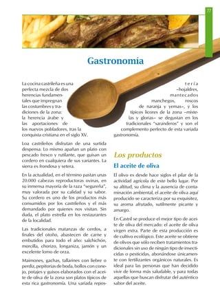 La cocina castrileña es una
perfecta mezcla de dos
herencias fundamen-
tales que impregnan
las costumbres y tra-
diciones de la zona:
la herencia árabe y
las aportaciones de
los nuevos pobladores, tras la
conquista cristiana en el siglo XV.
Loa castrileños disfrutan de una surtida
despensa. Lo mismo apañan un plato con
pescado fresco y rutilante, que guisan un
cordero en cualquiera de sus variantes. La
sierra es frondosa y setera.
En la actualidad, en el término pastan unas
20.000 cabezas reproductoras ovinas, en
su inmensa mayoría de la raza “segureña”,
muy valorada por su calidad y su sabor.
Su cordero es uno de los productos más
consumidos por los castrileños y el más
demandado por quienes nos visitan. Sin
duda, el plato estrella en los restaurantes
de la localidad.
Las tradicionales matanzas de cerdos, a
finales del otoño, abastecen de carne y
embutidos para todo el año: salchichón,
morcilla, chorizo, longaniza, jamón y un
excelente lomo de orza.
Maimones, gachas, tallarines con liebre o
perdiz, pepitorias de boda, bollos con cone-
jo, potajes y guisos elaborados con el acei-
te de oliva de la zona son platos típicos de
esta rica gastronomía. Una variada repos-
t e r í a
–hojaldres,
mantecados
manchegos, roscos
de naranja y yemas–, y los
típicos licores de la zona –miste-
las y glorias– se degustan en los
tradicionales “saranderos” y son el
complemento perfecto de esta variada
gastronomía.
Los productos
El aceite de oliva
El olivo es desde hace siglos el pilar de la
actividad agrícola de este bello lugar. Por
su altitud, su clima y la ausencia de conta-
minación ambiental, el aceite de oliva aquí
producido se caracteriza por su exquisitez,
su aroma afrutado, sutilmente picante y
amargo.
En Castril se produce el mejor tipo de acei-
te de oliva del mercado: el aceite de oliva
virgen extra. Parte de esta producción es
de cultivo ecológico. Este aceite se obtiene
de olivos que sólo reciben tratamientos tra-
dicionales sin uso de ningún tipo de insecti-
cidas o pesticidas, abonándose únicamen-
te con fertilizantes orgánicos naturales. Es
ideal para las personas que han decidido
vivir de forma más saludable, y para todas
aquellas que buscan disfrutar del auténtico
sabor del aceite.
Gastronomía
77
 