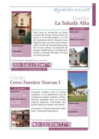 97
Características, equipamientos y servicios
Alojamientos en Castril
Dirección
Río Castril, s/n.
18816 Castril
Datos de contacto
958 344 615
666 830 395
CR/GR/00053
Cortijo
La Saludá Alta
Estas casas se encuentran en pleno
corazón del Parque Natural Sierra de
Castril a 14 km del pueblo y a 2 km
del nacimiento del río. Situada en una
pequeña loma con unas vistas inmejo-
rables al valle de impresionantes pare-
des rocosas calizas, la vegetación de
bosque mediterráneo, la cerrada de la
Malena y al fondo del valle, en la leja-
nía, Sierra Nevada.
Habitaciones
3 casas
Capacidad
10 personas
Página web: www.castrilsaludaalta.com
Página web: www.fuentesnuevascastril.com
Características, equipamientos y servicios
Cortijo
Cerro Fuentes Nuevas I
Dirección
Cerro Fuentes
Nuevas, s/n. 18816
Datos de contacto
953 738 947
610 738 947
CR/GR/00071
Habitaciones
3 dobles
3 de matrimonio
Capacidad
12 personas
Conocido también como El Cortijo
Aureliano, es un alojamiento rural de
arquitectura popular andaluza. Perfec-
tamente equipado, tiene un encanto
especial hogareño, confortable, que
puede disfrutar el cliente más selecto.
Casa Marca “Parque Natural de Anda-
lucía”. Turismo de Naturaleza.
 