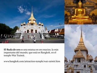 El Buda de oro es una estatua en oro macizo, la más
importante del mundo, que está en Bangkok, en el
templo Wat Traimit.
www.bangkok.com/attraction-temple/wat-raimit.htm
 